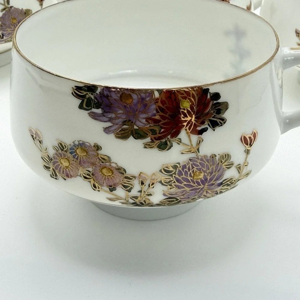 Vintage Kutani Style Kyoto Japan Tea Set 4 Cups Snack Trays Eggshell Gold Floral